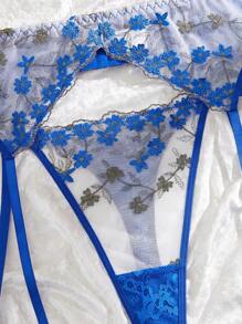 SHEIN 5件套大码女士性感蕾丝拼布刺绣内衣套装 - 藍色 - 查看 5