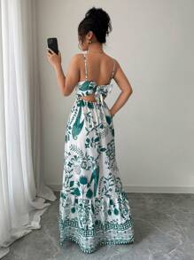 Elenzga Vestido elegante y romántico con estampado floral para mujer, con cuello en V, tirantes de espagueti y ajuste en la cintura en línea A