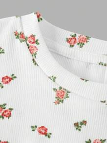 SHEIN Girlism Top de Malha de Manga Curta e Gola Redonda com Estampa Floral Delicada para Meninas Pré-Adolescentes, para Primavera e Verão