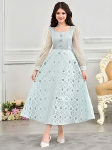 SHEIN TEENGIRL Sparkly Diamond-Patterned Lantern Sleeve Puff Princess Dress