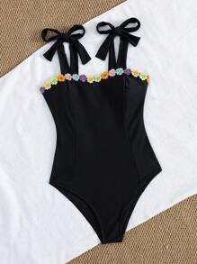 Swim Vcay Swim Mod Women One-Piece Swimsuit, Fresh Solid Color With 3D Floral Decor, Sexy Bow Accent, One-Piece Swimwear For Summer Beach - Black - View 5