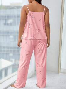 Plus Size Pajama Set, Solid Color Camisole And Pants, Fashionable For Summer - Coral Pink - View 2
