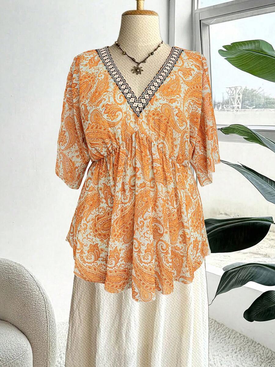 Flirla Plus Size Boho, Vacation, Going Out Tops, Elegant, Vintage V-Neck Patchwork Contrast Color Ribbon Ruffle Batwing Sleeve Floral Chiffon Blouse For Women, Summer - Multicolor - View 1