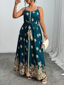 Elenzga Plus Size Women Floral Print Elegant Sleeveless Dress For Summer Vacation - Green - View 1