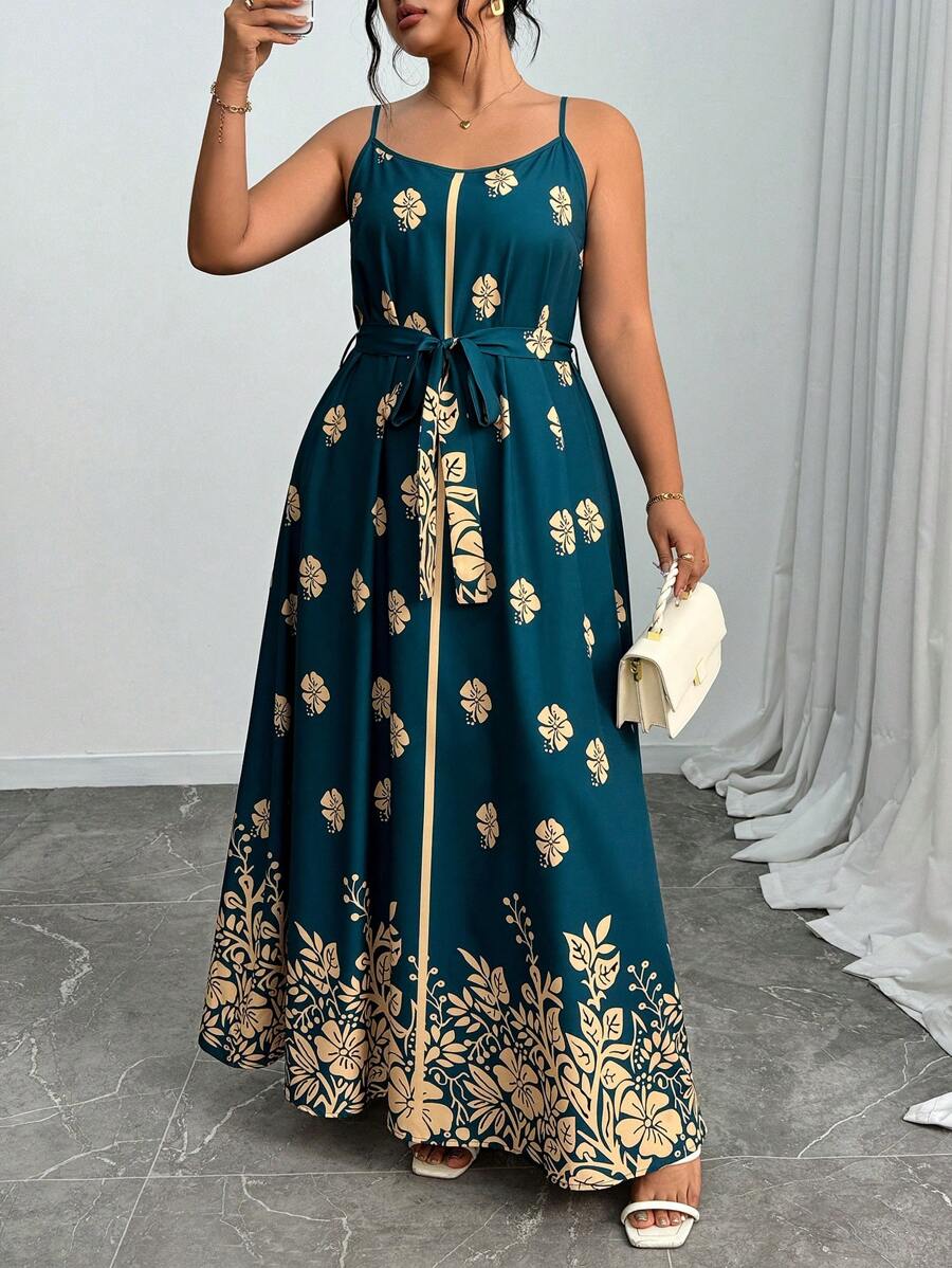 Elenzga Plus Size Women Floral Print Elegant Sleeveless Dress For Summer Vacation - Green - View 1