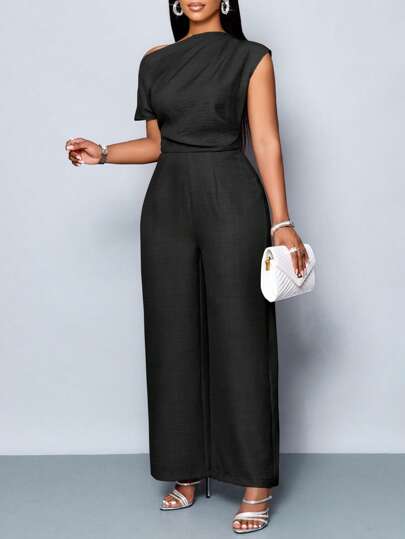SOLERSUN Plus Size Women's Four Seasons Women's Clothing Commuting Elegant Day Travel Casual Simple Solid Color Off The Shoulder Asymmetrical Neckline Shoulder Pleats Short Sleeve Wide Leg Jumpsuit