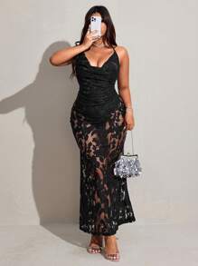 Viva Relle Plus Size Women Sexy Floral Mesh Embroidery Backless Maxi Dress - Black - View 2