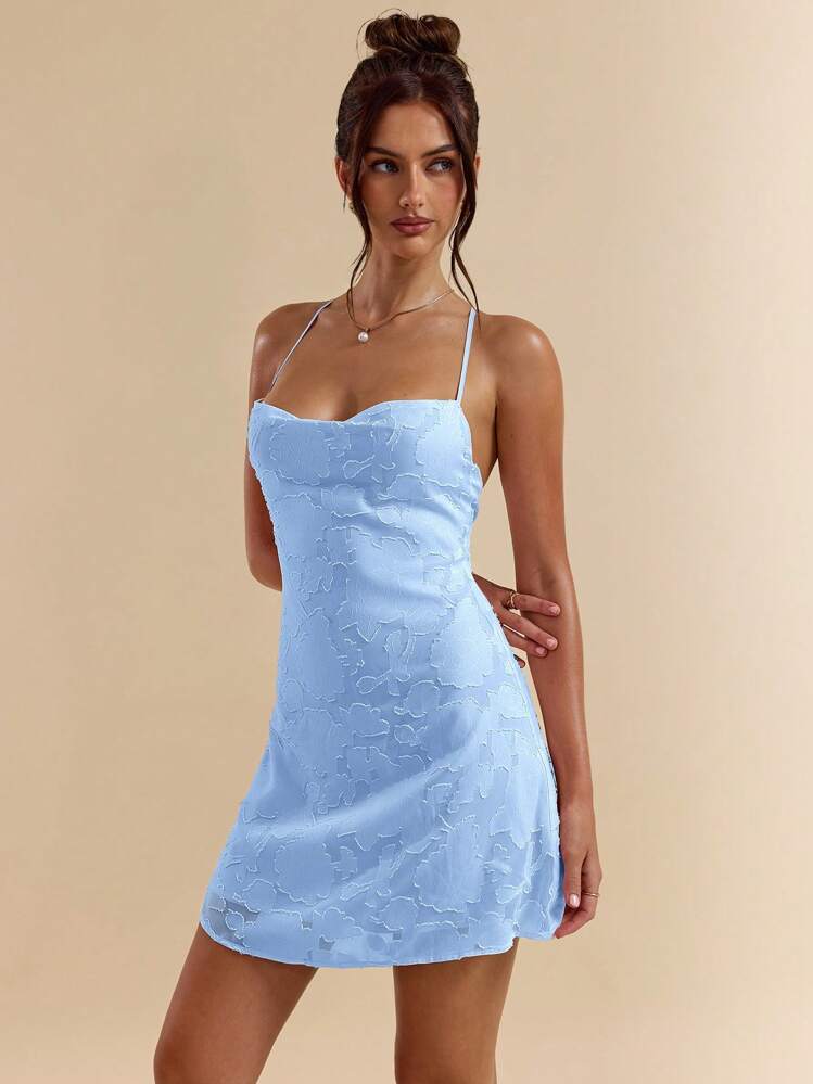 SHEIN BAE Tight Fit Pink Scoop Neck Open Back Tie Straps Textured A-Line Mini Dress, Spring/Summer, Party Dress,Valentine's Day,Valentine Outfits For Women - Baby Blue - View 7