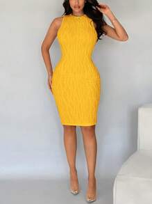 SHEIN SXY 女式纯色纹理修身连衣裙 - 黃色 - 查看 4