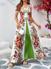 SHEIN Clasi V领收腰阳光印花长款度假连衣裙 - 彩色 - 查看 6