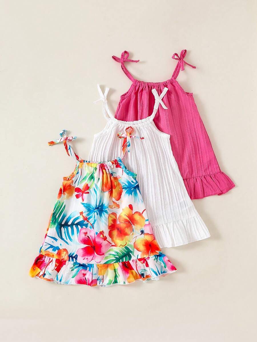 SHEIN 3 件套夏季女童连衣裙，蝴蝶结肩带纯色和条纹连衣裙套装，适合日常休闲穿着，女童专属连衣裙 - 彩色 - 查看 1