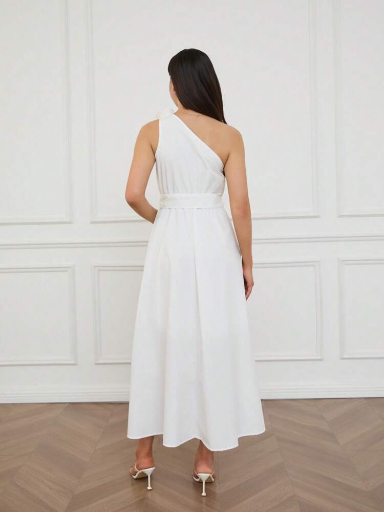 Women's Solid Color Belted Asymmetric Neck Elegant Long Dress