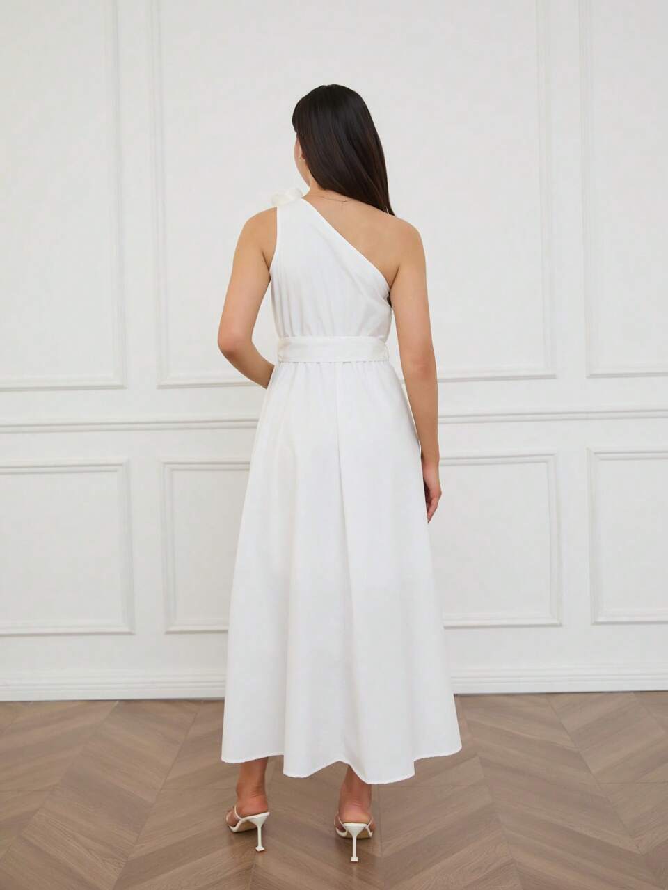 Women's Solid Color Belted Asymmetric Neck Elegant Long Dress