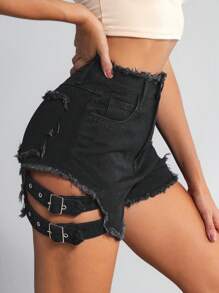 SHEIN Tall Women's Denim Shorts, Fashionable For Summer, Tall Women - Black - View 5