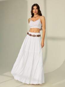 SHEIN Tall Women's Solid Color Shirred Waist Ruffled Hem Skirt