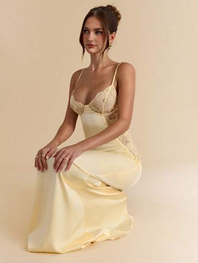 SHEIN BAE Vestido de satén elegante con parches de encaje rojo sólido para primavera/verano, vestido rojo, vestido de dama de honor para fiesta de boda, vestido grácil