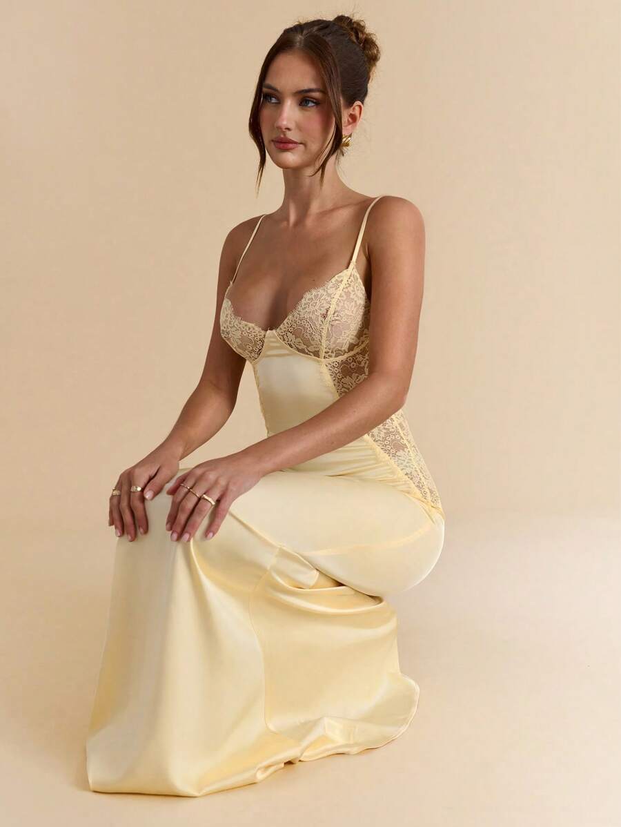 SHEIN BAE 优雅春夏纯红色蕾丝拼布缎面连衣裙，红色连衣裙，婚礼派对伴娘礼服，优雅连衣裙 - 紅色 - 查看 1