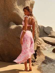 Anewsta Stylish Elegant Underwired Push-Up Floral Gradient Ruffled Flared Mermaid 3pcs Bikini Set For Summer Beach Vacation - Multicolor - View 2