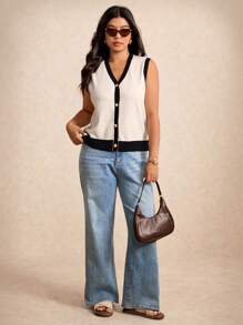 Elaquor Plus Size Contrast Trim Sleeveless Sweater Vest, Minimalist Fashion, Suitable For Summer