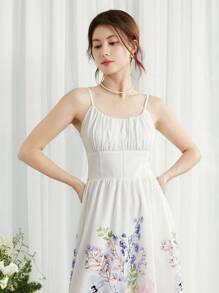 SHEIN LUNE Women Elegant Floral Print Sleeveless Waist-Defined Swing Dress - White - View 5