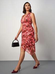 SHEIN Tall CURVE Đầm cổ yếm in hoa cỡ lớn cho nữ, dáng xòe bất đối xứng, đi nghỉ - Đỏ - Xem 4