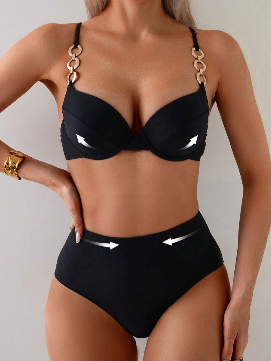 Shapewave New Summer Holiday Push-Up Padded Chainlink Strap Spaghetti Strap Bikini Set With High-Waist Solid Color Swimwear - Black - View 1