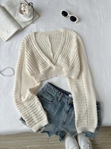 SHEIN Unity V领纯色长袖短款时尚毛衣，女士针织套头衫，秋冬款 - 杏色 - 查看 1