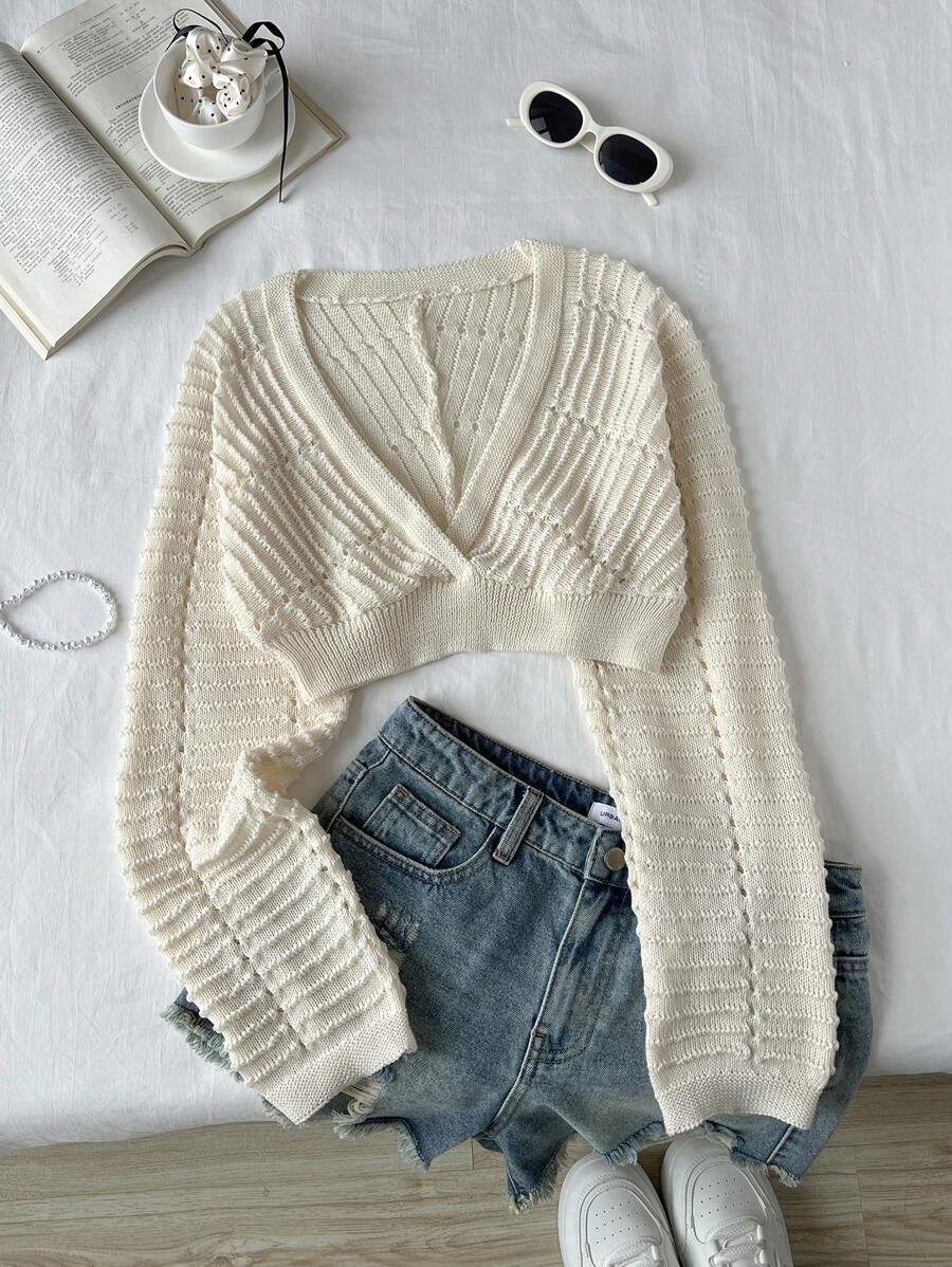 SHEIN Unity V领纯色长袖短款时尚毛衣，女士针织套头衫，秋冬款 - 杏色 - 查看 1