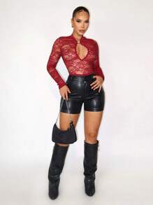 Sirith Sexy Lace Patchwork Sheer Mesh Bodysuit Fall Cloth For Women - Red - View 4