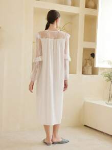 Moireta Ladies Elegant V-Neck Lace Splice Romantic Nightgown Babydoll Luxeloungewear - White - View 2