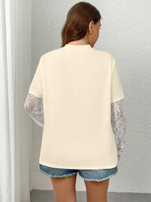 Calvaya Plus Size Women's Lace Patchwork Straight Short Sleeve T-Shirt, Spring/Summer