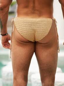 Manfinity Swimmode Bañador de triángulo de color liso de ganchillo para hombre - Caqui - Ver 2