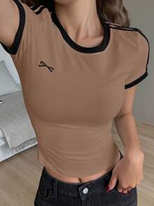 DAZY Women's Fitted Contrast Color Bow Print Short Sleeve T-Shirt Preppy Tops - Camel - View 2