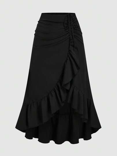 Sweetra Women V-Shaped Ruffle Hem Drawstring Waist Split Skirt, Retro Style, Wine Red, Spring/Summer, Suitable For Valentine's Day, Party, Boho Fall Cloth For Women