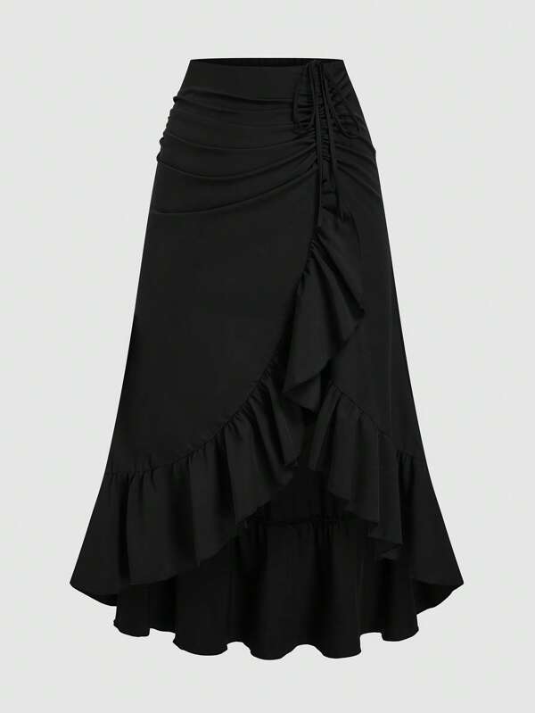 Sweetra Women V-Shaped Ruffle Hem Drawstring Waist Split Skirt, Retro Style, Wine Red, Spring/Summer, Suitable For Valentine's Day, Party, Boho