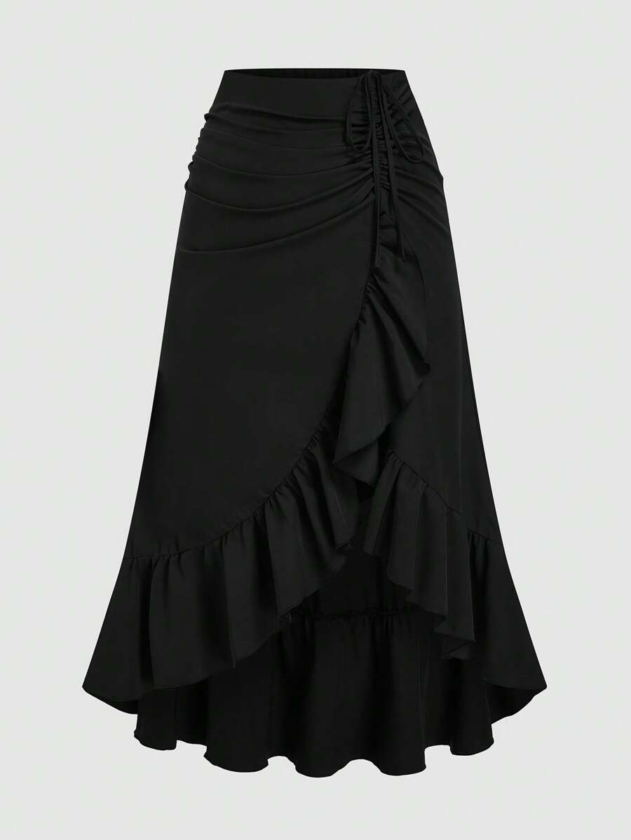 Sweetra Damen V-förmiger Rüschensaum Rock mit Tunnelzug in der Taille, Split, Retrostil, Weinrot, Frühling/Sommer, geeignet für Valentinstag, Party, Boho