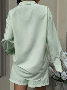 SHEIN EZwear 女士春季休闲条纹梭织纽扣衬衫和短裤两件套 - 薄荷綠 - 查看 2