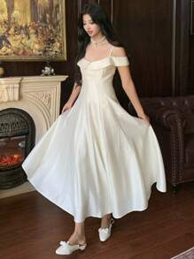 DAZY Váy dự tiệc dài đến bắp chân, viền bèo nhún màu trơn dành cho nữ, mùa xuân/hè, váy trang trọng dành cho nữ - trắng - Xem 6