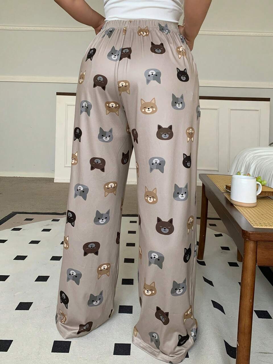 Dazy Plus Plus Cute Animal Print Elastic Waist Loose Pajama Cozy Pants, Home Sleepwear Bottom, Fall & Winter