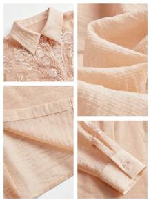 Anewsta Blouse chiffon polyvalente de couleur nude élégante et Top de gamme avec broderie de dentelle jacquard de printemps - Vieux Rose - Voir 6