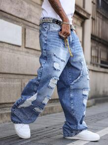 Manfinity EMRG Men's Ripped Jeans, Fashionable For Summer - Medium Wash - View 8