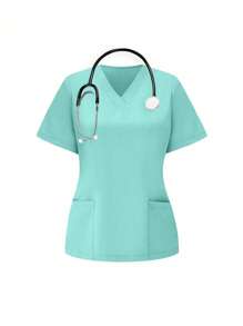 TaskEZ 1 Set Short Sleeve V-Neck Solid Color Top And Pants Uniform Scrub Set