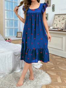 CottageSlumber 女士樱桃印花盖袖双层睡袍娃娃装假日季节，舒适优雅的细节 - 藍色 - 查看 5