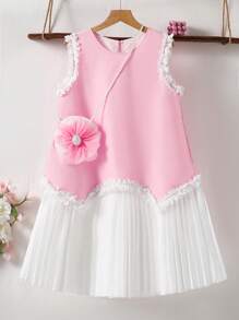 SHEIN Tween Mädchen zwischen 9-12 Jahren Elegantes Farbblock Kleid mit plissiertem Saum für den Sommer - Weiss - Übersicht 7