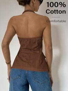 Siren Gaze 2025年夏季：亚麻露背背心——适合工作装和休闲时尚的无袖纽扣上衣 - 咖啡棕 - 查看 4