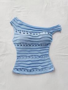 Soleia Women's Ivory Shoulder Cut-Out Fitted Knitted Top, Suitable For Party, Fashion Casual, Dating, Valentine's Day, Afternoon Tea Blue Knit Top Summer Knit Top Women Summer Top Light Blue Summer Top Cute Summer Top