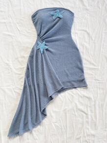 Soleia 女士亮橙色热带岛屿度假抹胸褶饰裹身荷叶边海星装饰海滩迷你连衣裙 - 藍色 - 查看 4