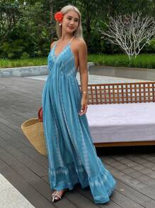 DAZY Floral Print Spaghetti Strap Backless Ruffled Dress For Women, Summer Resort Wear Vacation Outfits Women - Blue - View 6