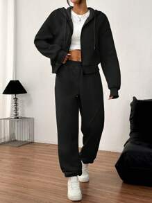 Rina Fox Conjunto de mujer de 2 piezas con sudadera con capucha de unicolor y pantalones con cordón - Negro - Ver 2