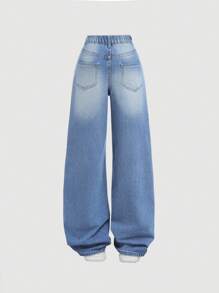 SHEIN Girlism 少女 Y2K 宽松休闲口袋阔腿牛仔裤 - 淺色水洗藍 - 查看 2